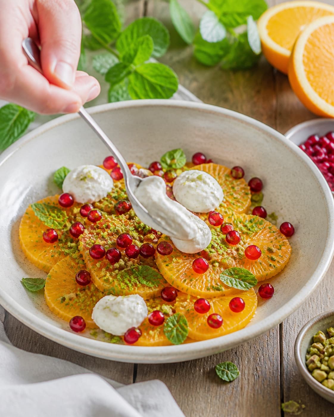 appelsinsalaten anrettes luftigt med mynte, pistacie og kardemommeskyr under tilberedningen af appelsinsalat med granatæble, mynte og pistacie