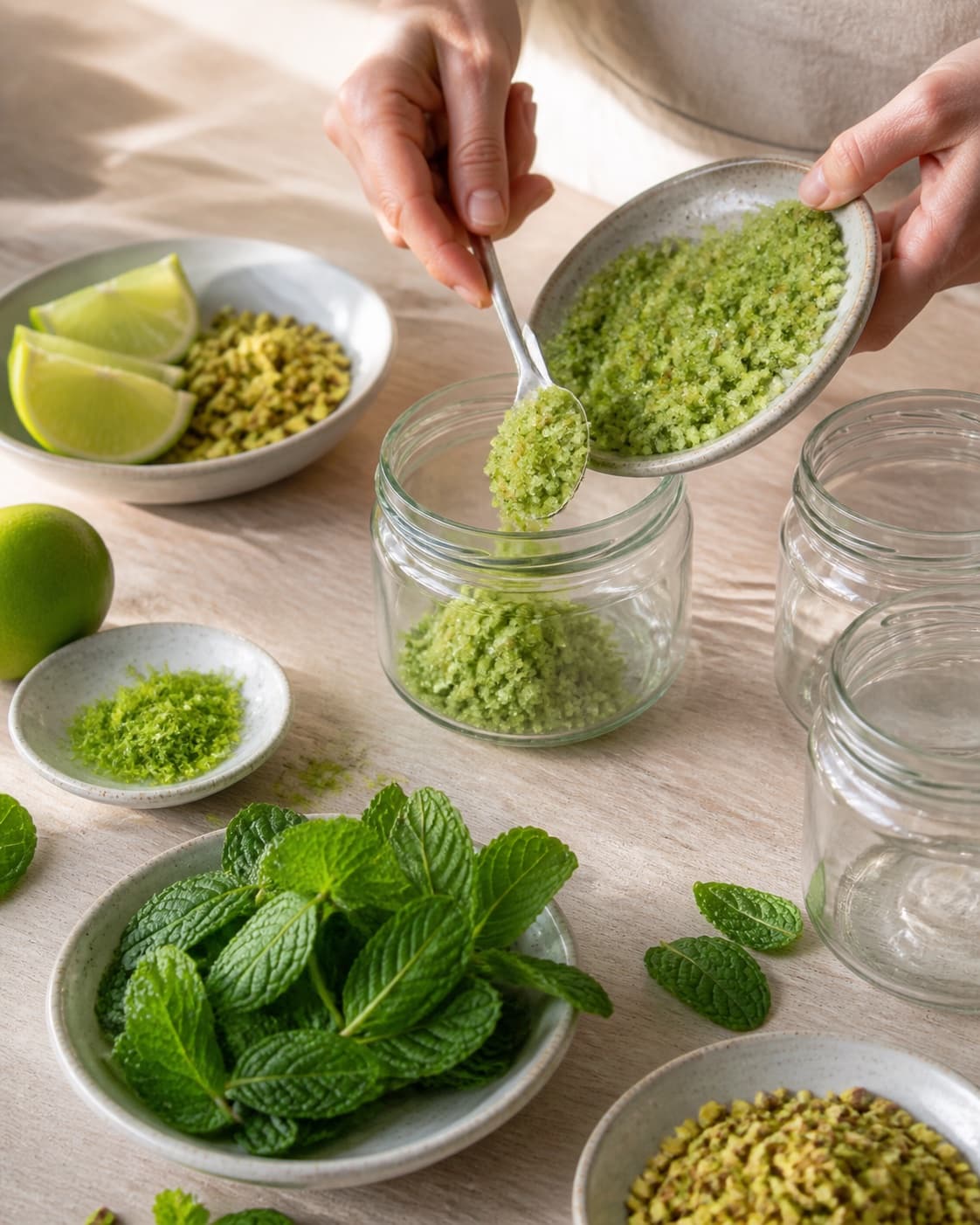 mynte, limeskal og pistacie renses ved siden af rene glas under tilberedningen af myntesukker med lime og grøn pistacie