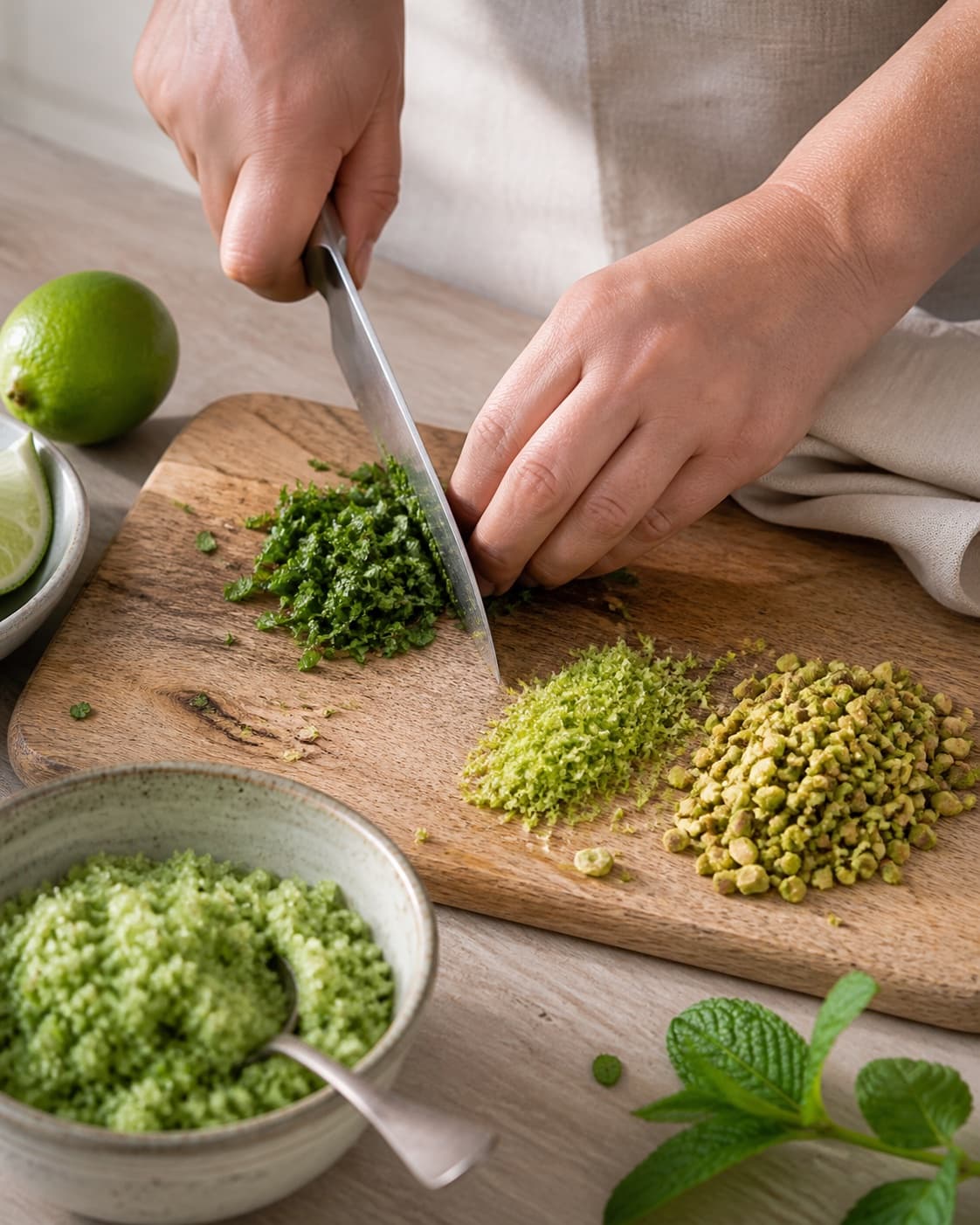 mynte, limeskal og pistacie skæres ensartet til myntesukkeret under tilberedningen af myntesukker med lime og grøn pistacie
