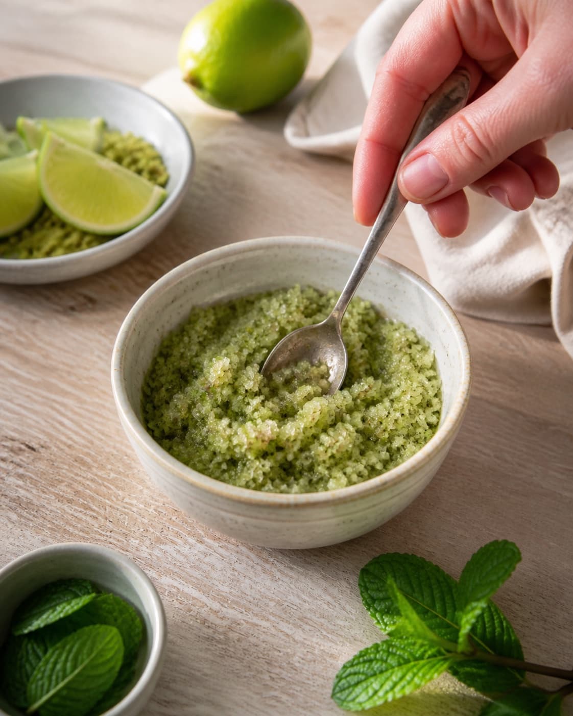 rørsukker og fint salt koges klart til myntesukkeret under tilberedningen af myntesukker med lime og grøn pistacie