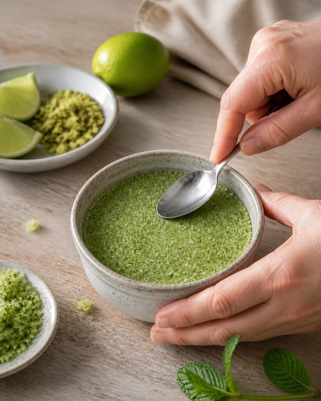 myntesukkeret samles rent uden luftlommer under tilberedningen af myntesukker med lime og grøn pistacie