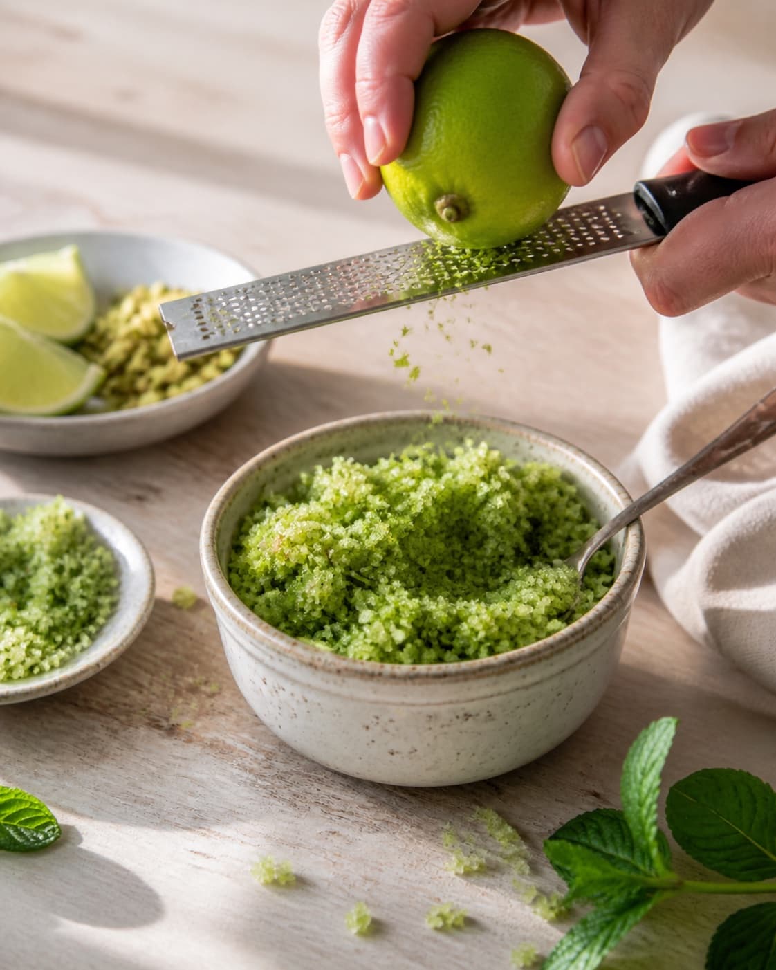 myntesukkeret står koldt og afsluttes med ekstra limeskal under tilberedningen af myntesukker med lime og grøn pistacie