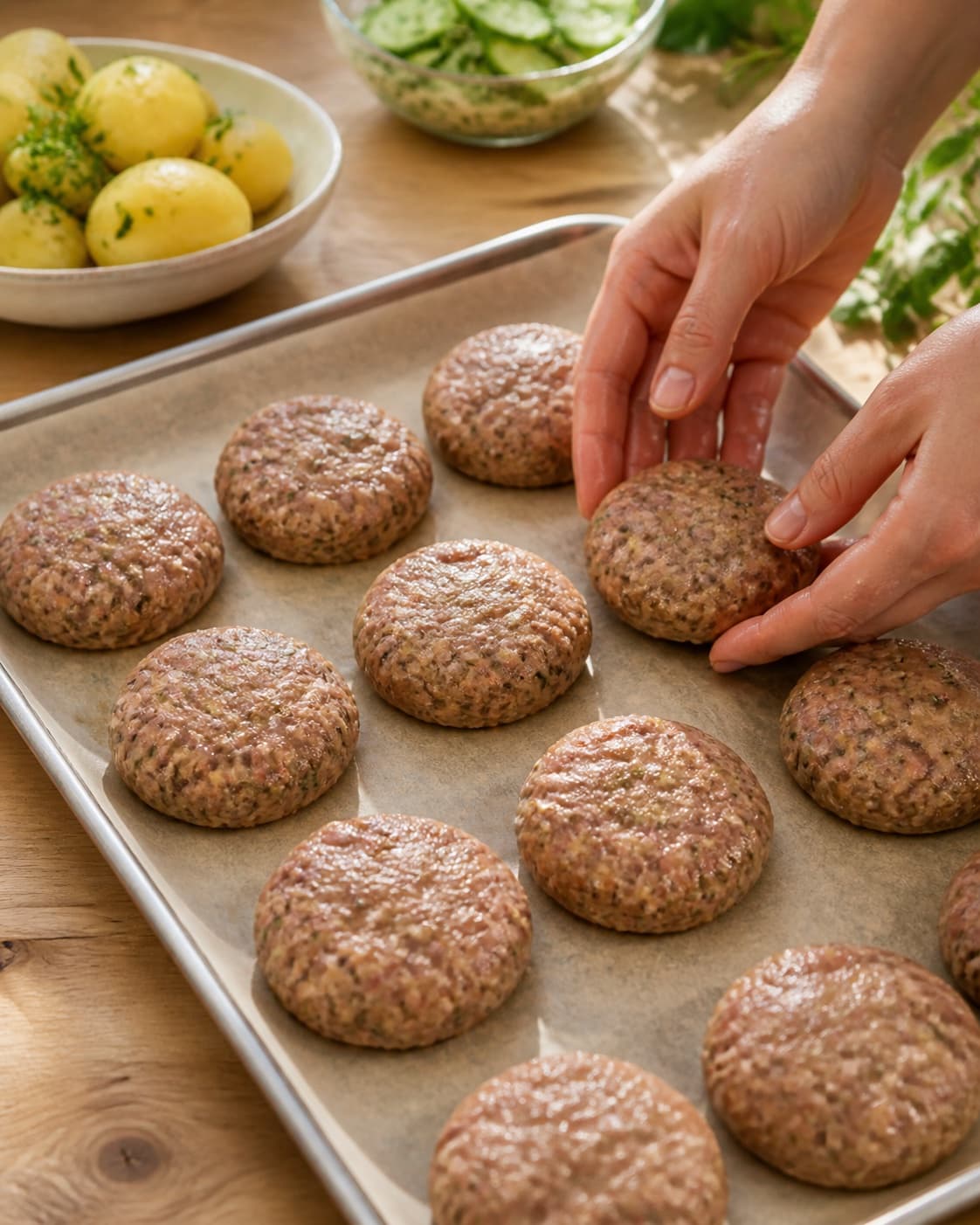 frikadellerne formes i ens emner på en plade under tilberedningen af klassiske frikadeller med brunet løg og timiansky