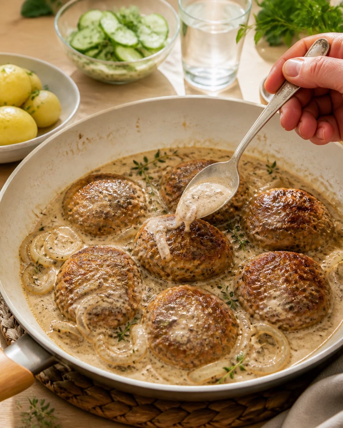 frikadellerne dækkes jævnt med smør og et tyndt jævnt stegelag under tilberedningen af klassiske frikadeller med brunet løg og timiansky