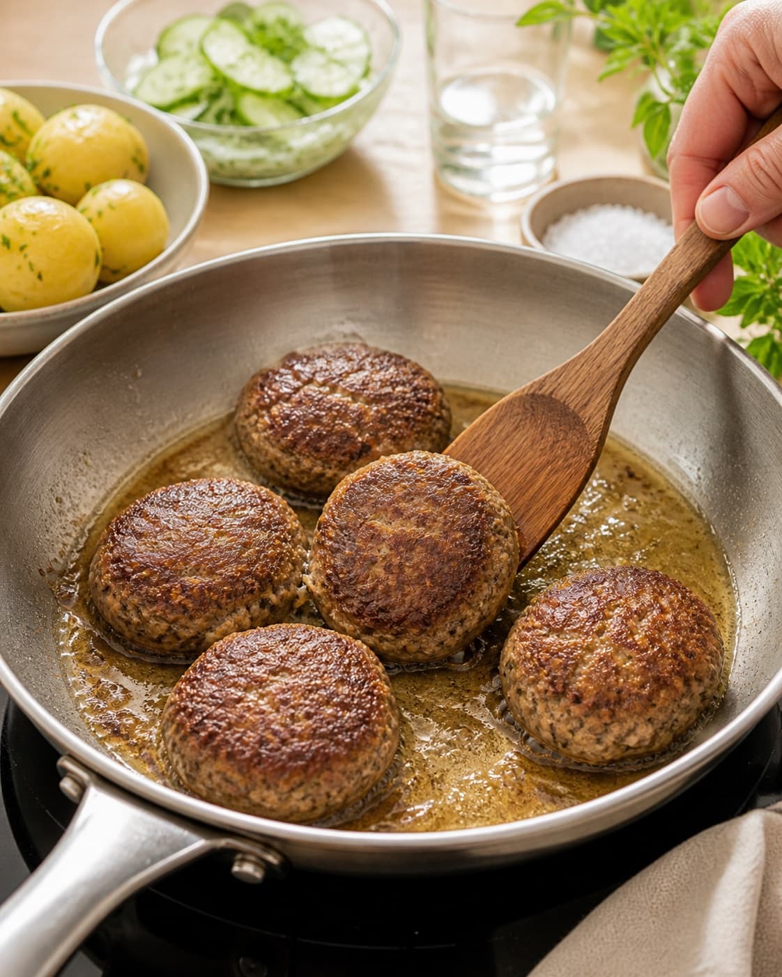 frikadellerne steger gylden i små hold under tilberedningen af klassiske frikadeller med brunet løg og timiansky