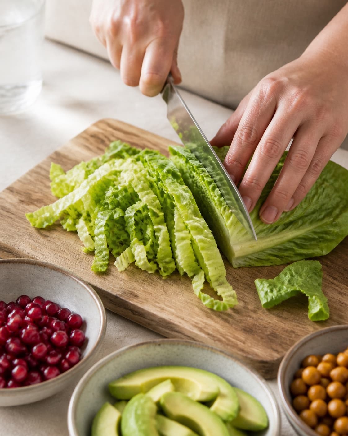 romaine, avocado og granatæble klargøres ensartet til granatæblesalaten under tilberedningen af granatæblesalat med avocado, feta og sprøde kikærter