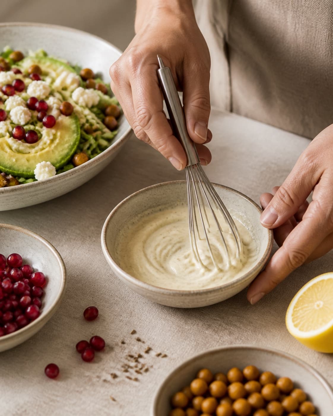 spidskommen-citrondressingen piskes blank i en lille skål under tilberedningen af granatæblesalat med avocado, feta og sprøde kikærter