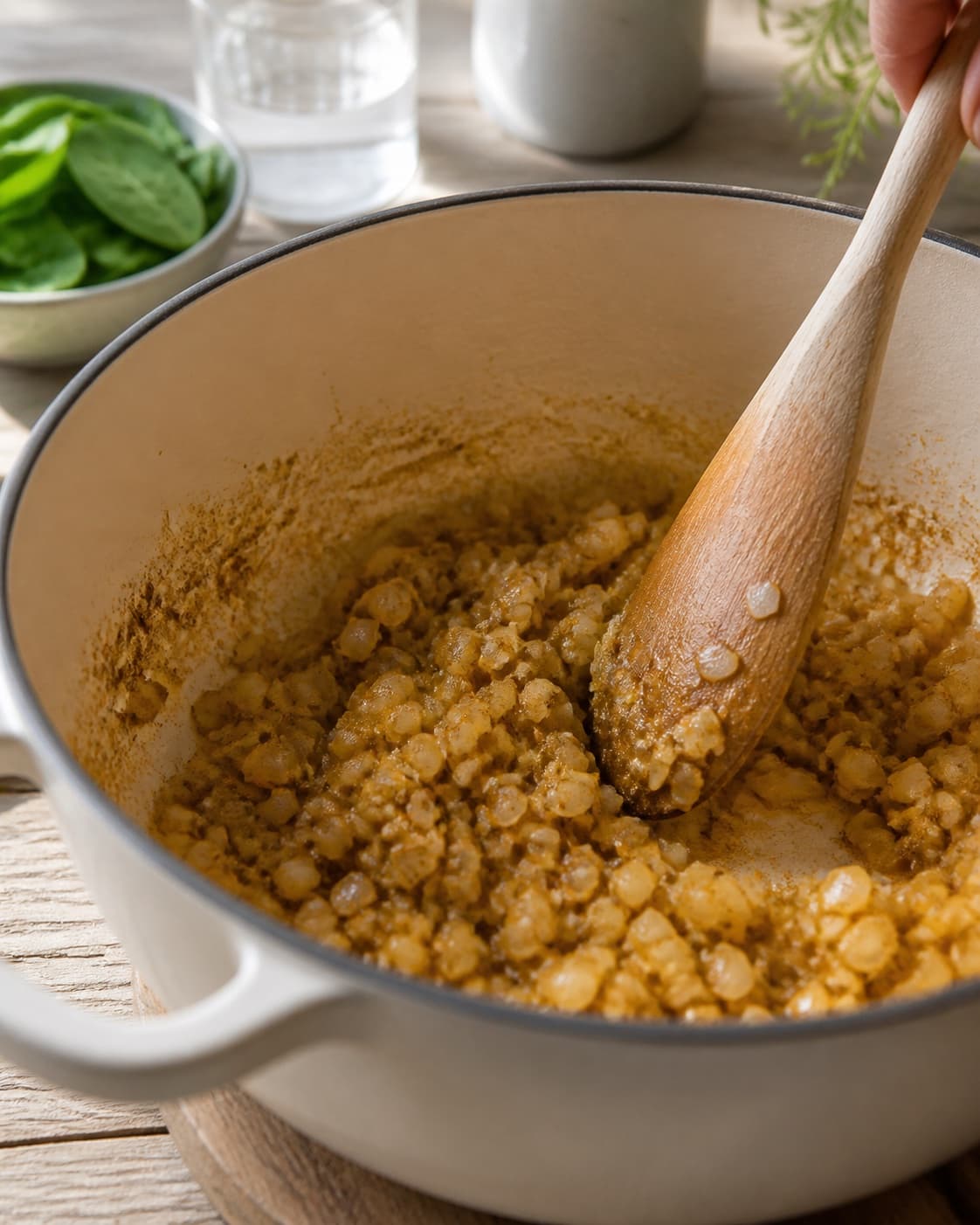 løg, ingefær og garam masala svedes blankt i en tykbundet gryde under tilberedningen af linsegryde med kokos, sød kartoffel og spinat