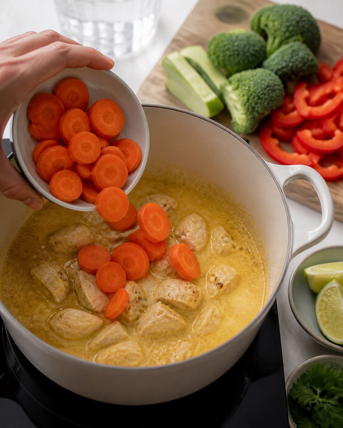 Råvarer til karrysuppen står klargjort ved gryden under tilberedningen af karrysuppe med kylling, kokos og sprøde grøntsager