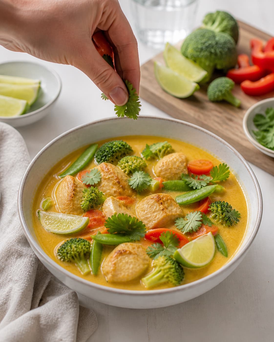 karrysuppen afsluttes med gennemstegt kylling, sukkerærter, lime og koriander under tilberedningen af karrysuppe med kylling, kokos og sprøde grøntsager