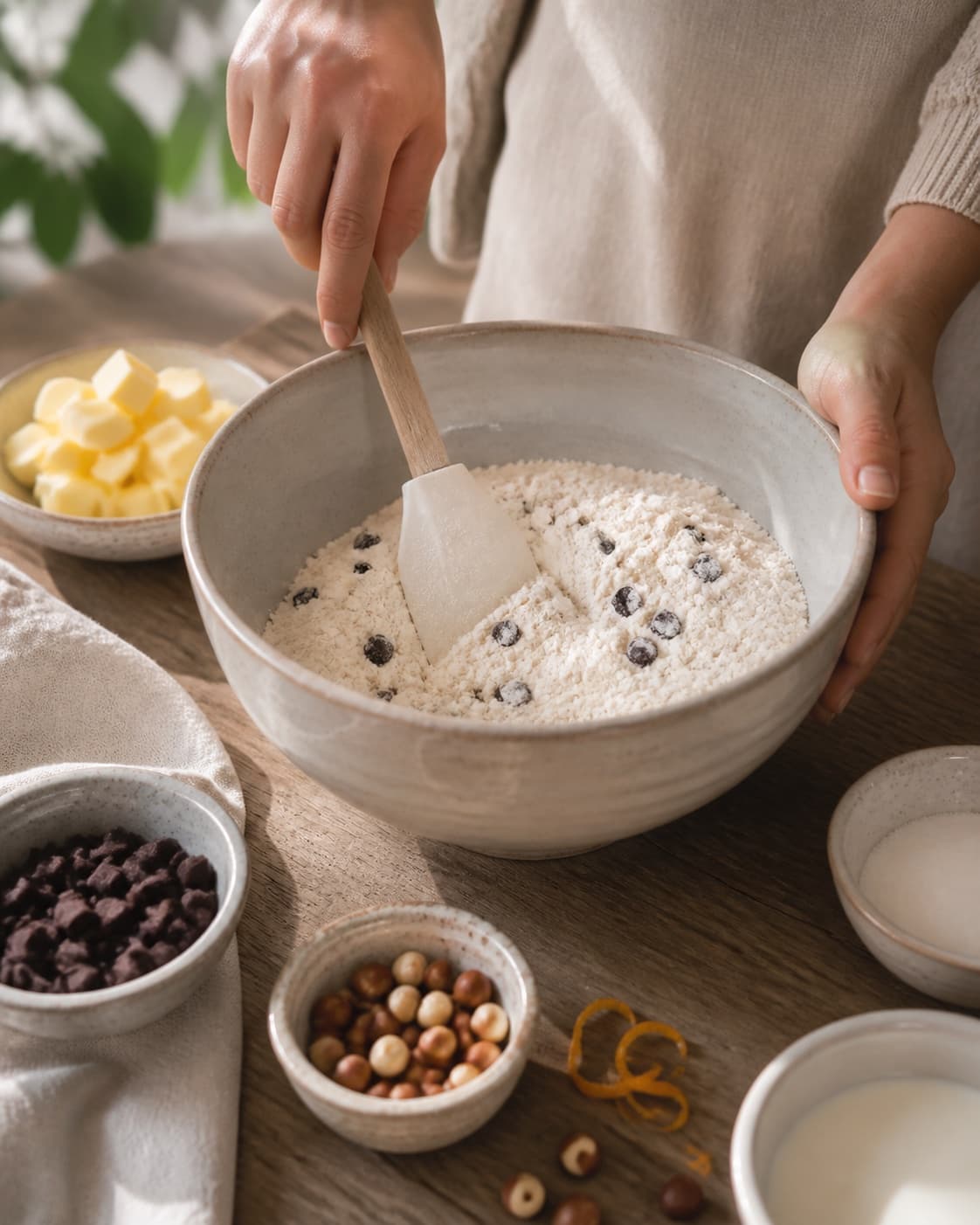 Afvejede råvarer til chokoladesconesene ligger adskilt i lyse skåle under tilberedningen af chokoladescones med appelsin og hasselnød