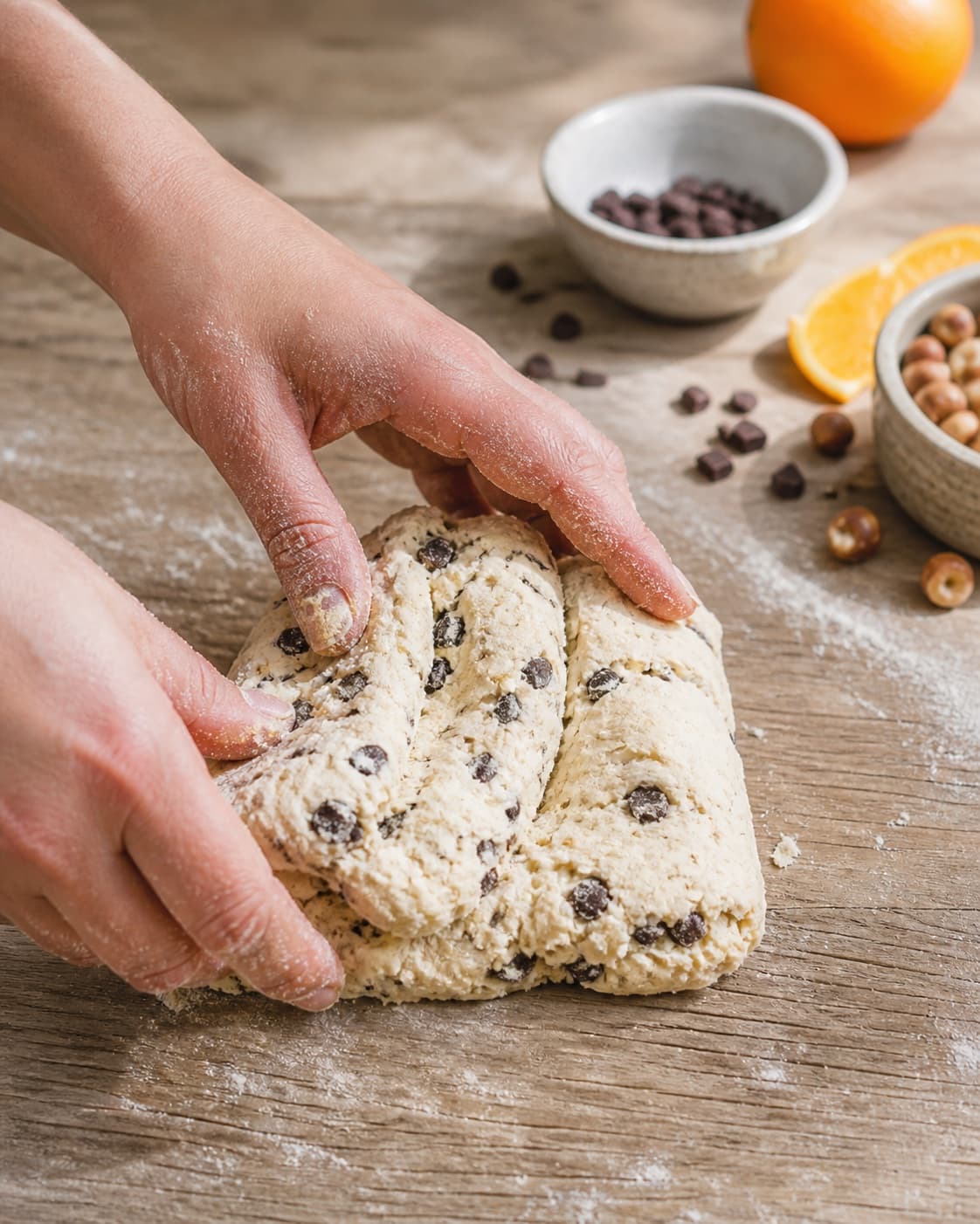 den kolde lagfoldede dej samles nænsomt til chokoladesconesene under tilberedningen af chokoladescones med appelsin og hasselnød