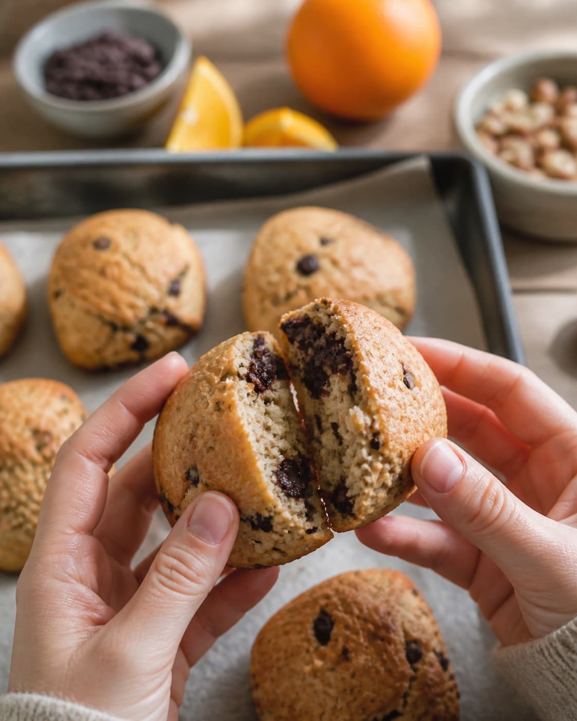 chokoladesconesene bager gylden med synligt fast centrum under tilberedningen af chokoladescones med appelsin og hasselnød