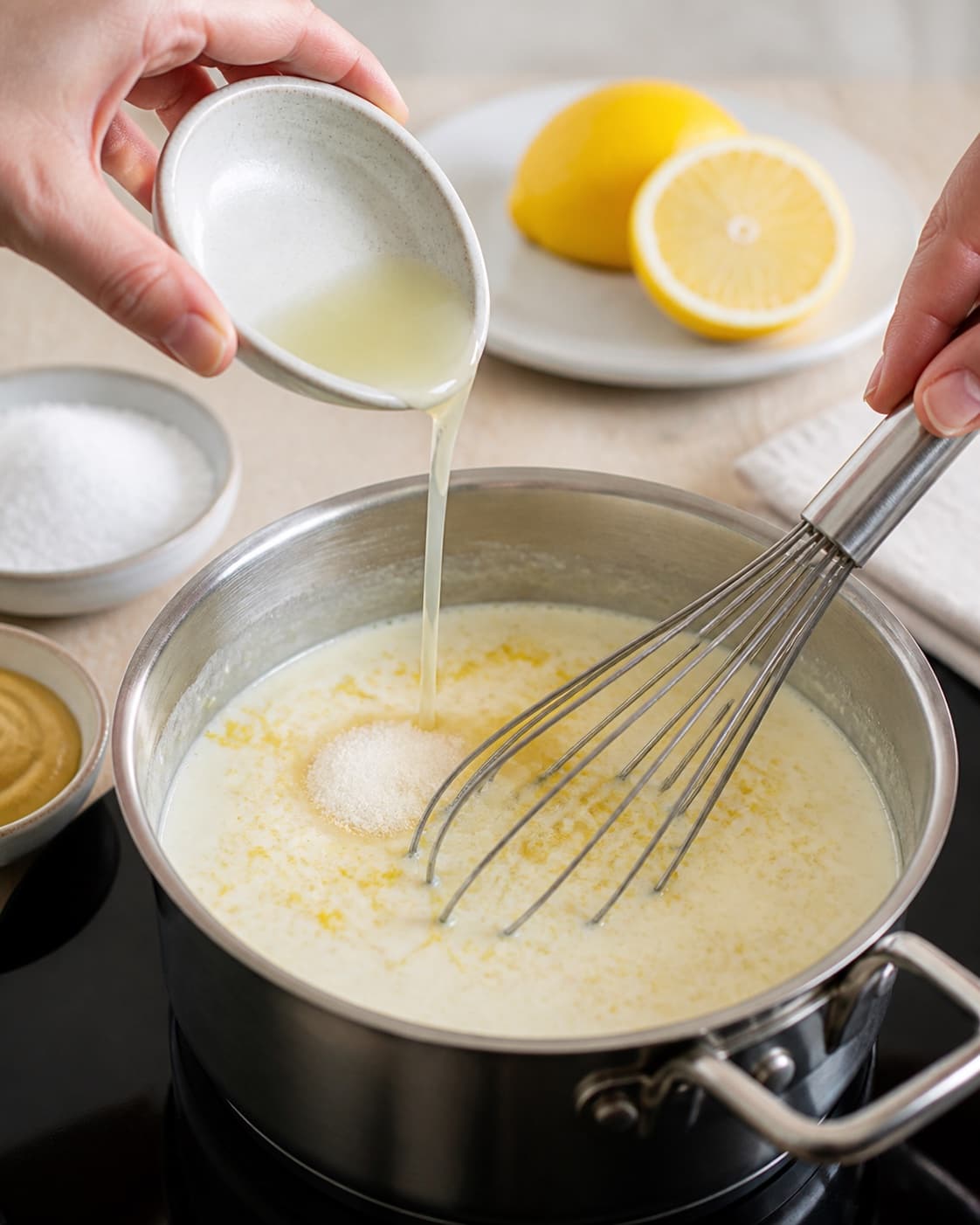 fløde, citron, sukker og sennep koges klart til mormordressingen under tilberedningen af mormordressing med fløde, citron og purløg