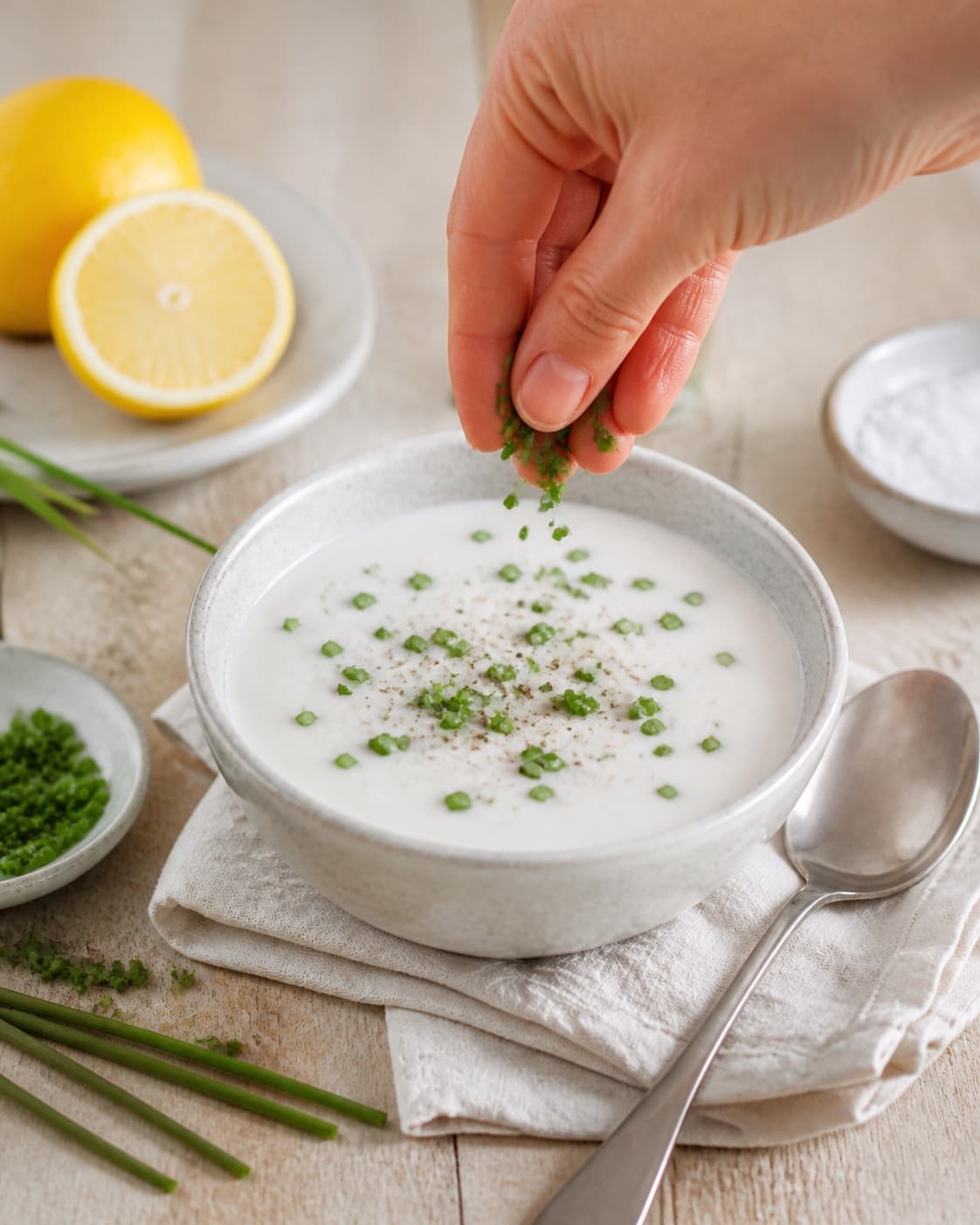 mormordressingen står koldt og afsluttes med frisk purløg og hvid peber under tilberedningen af mormordressing med fløde, citron og purløg