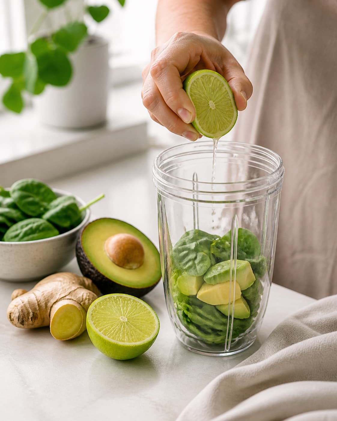 Kolde råvarer står klar til avocadosmoothien under tilberedningen af avocadosmoothie med spinat, lime og ingefær