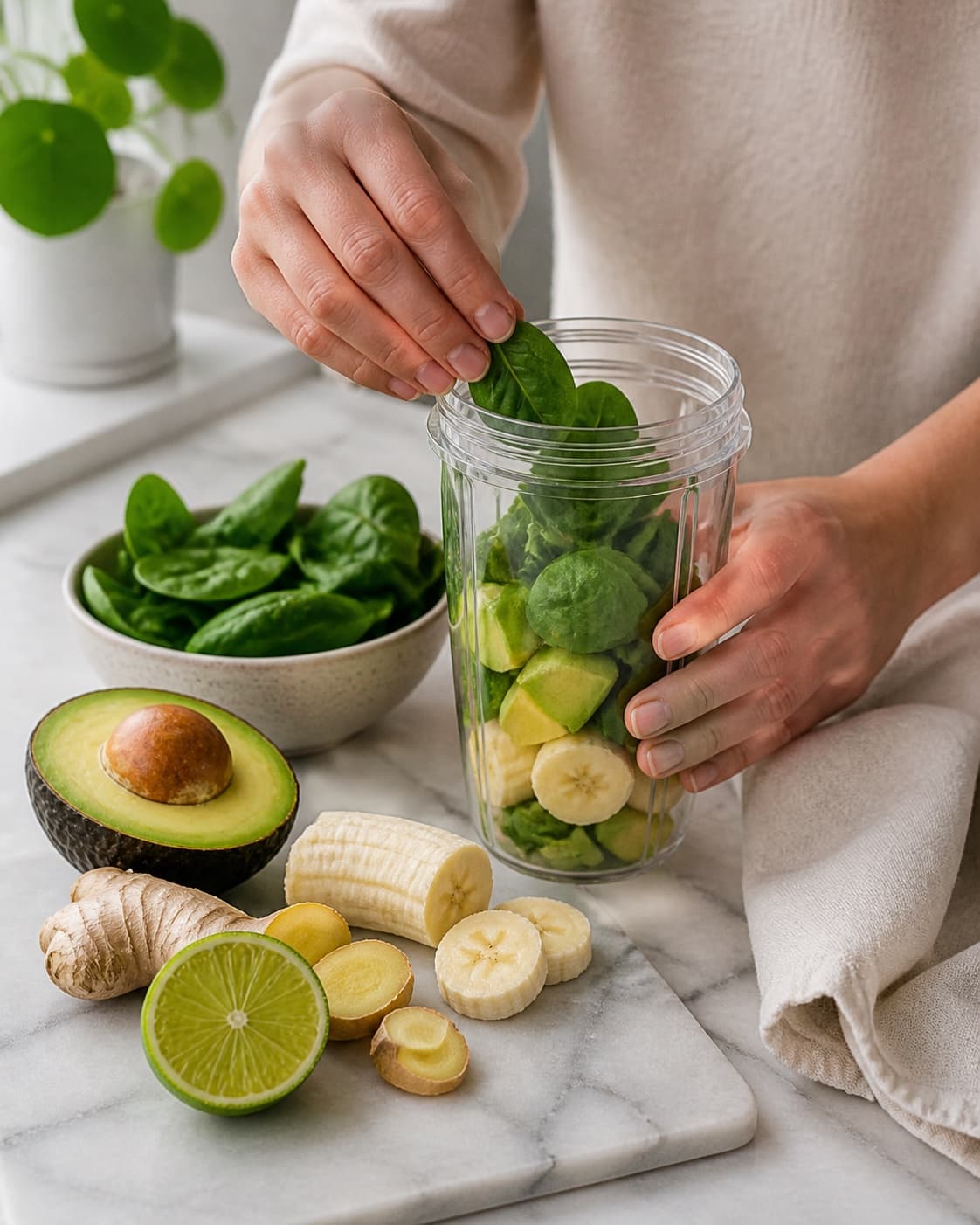 avocado, spinat, banan, lime og ingefær klargøres som frisk base til avocadosmoothien under tilberedningen af avocadosmoothie med spinat, lime og ingefær