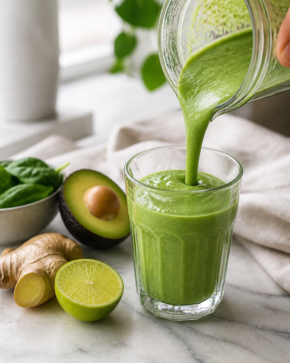 avocadosmoothien måles præcist i kolde glas under tilberedningen af avocadosmoothie med spinat, lime og ingefær