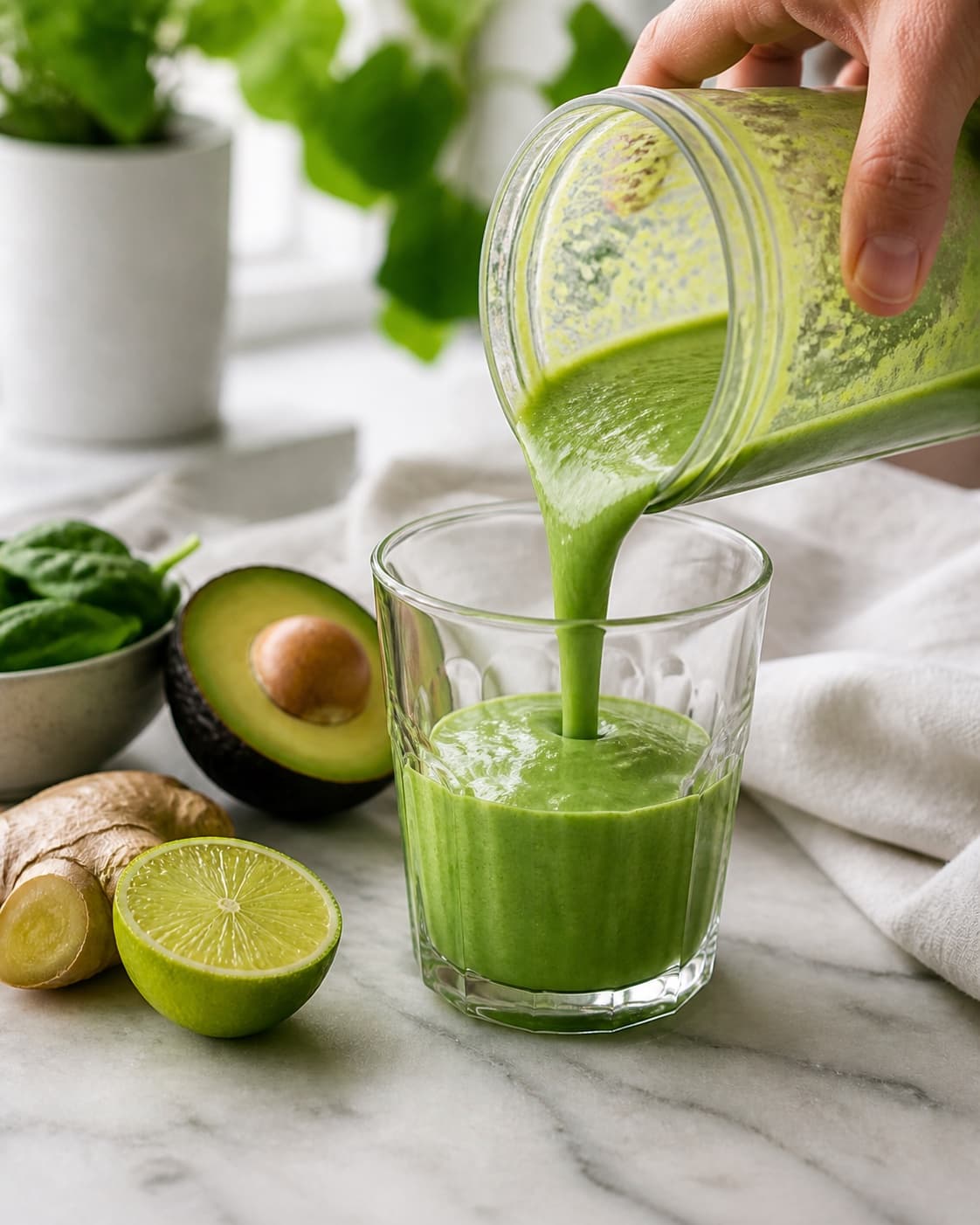 avocadosmoothien samles nænsomt i glasset under tilberedningen af avocadosmoothie med spinat, lime og ingefær