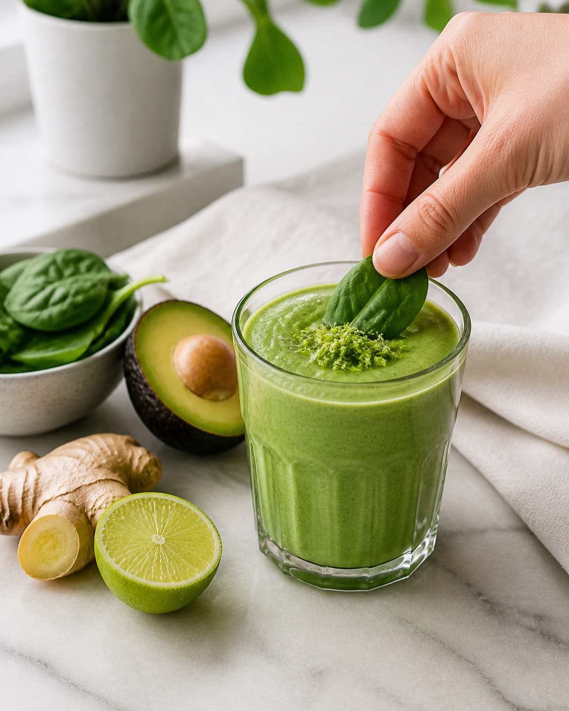 avocadosmoothien serveres iskold med limeskal og et lille spinatblad under tilberedningen af avocadosmoothie med spinat, lime og ingefær