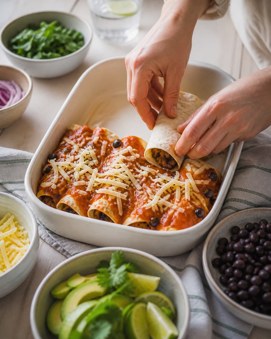Afvejede råvarer til okseenchiladaerne ligger adskilt i lyse skåle under tilberedningen af okseenchiladas med sorte bønner og røget tomatsauce