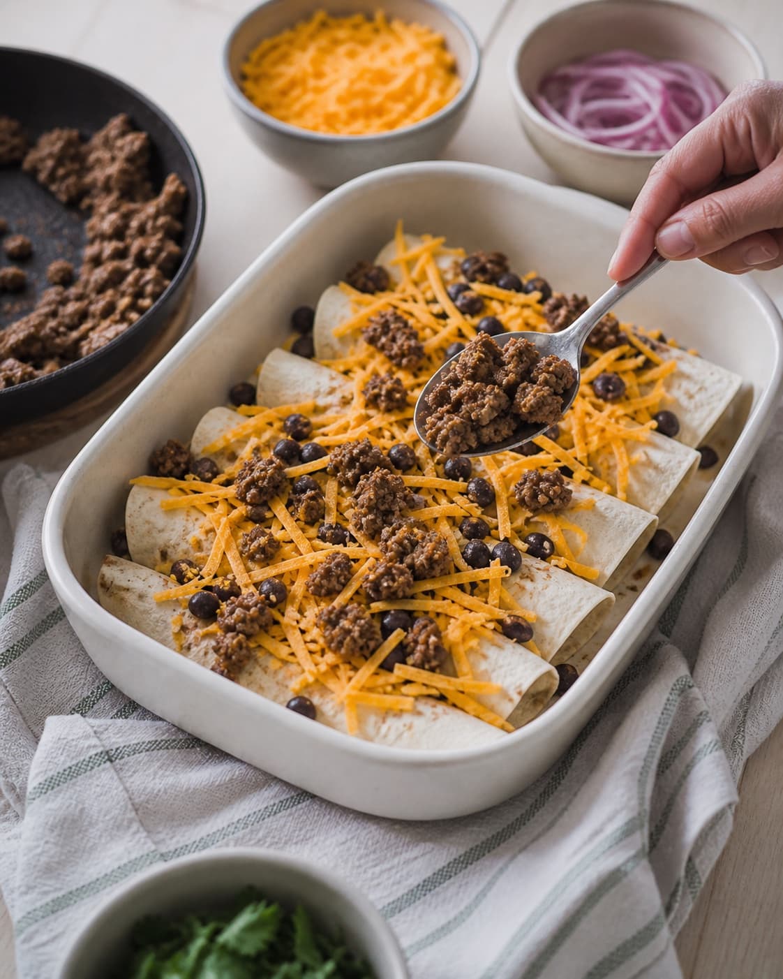gennemstegt oksekød, sorte bønner og cheddar fordeles jævnt i den ubagte okseenchiladaerne under tilberedningen af okseenchiladas med sorte bønner og røget tomatsauce
