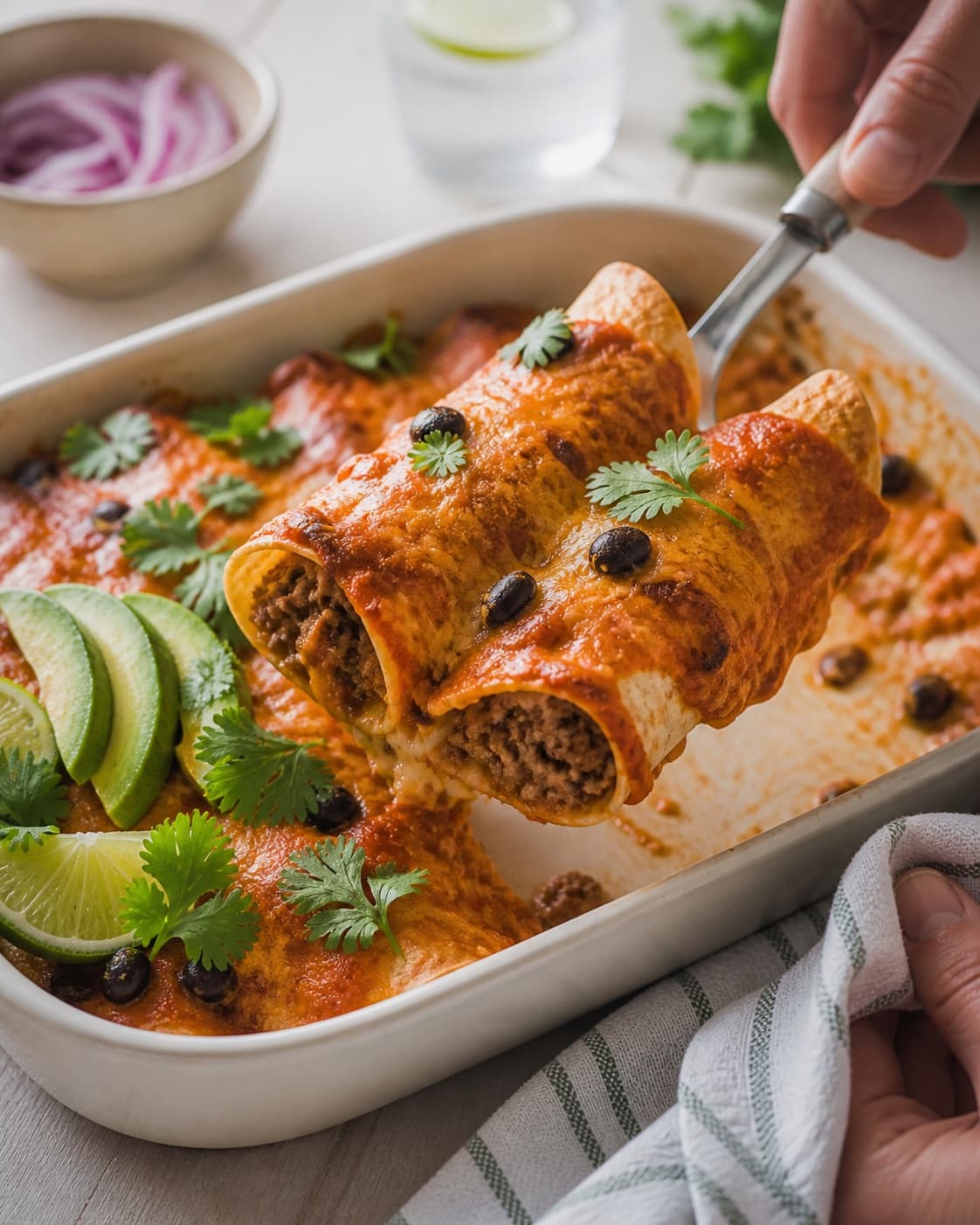 okseenchiladaerne bager gylden med synligt fast centrum under tilberedningen af okseenchiladas med sorte bønner og røget tomatsauce