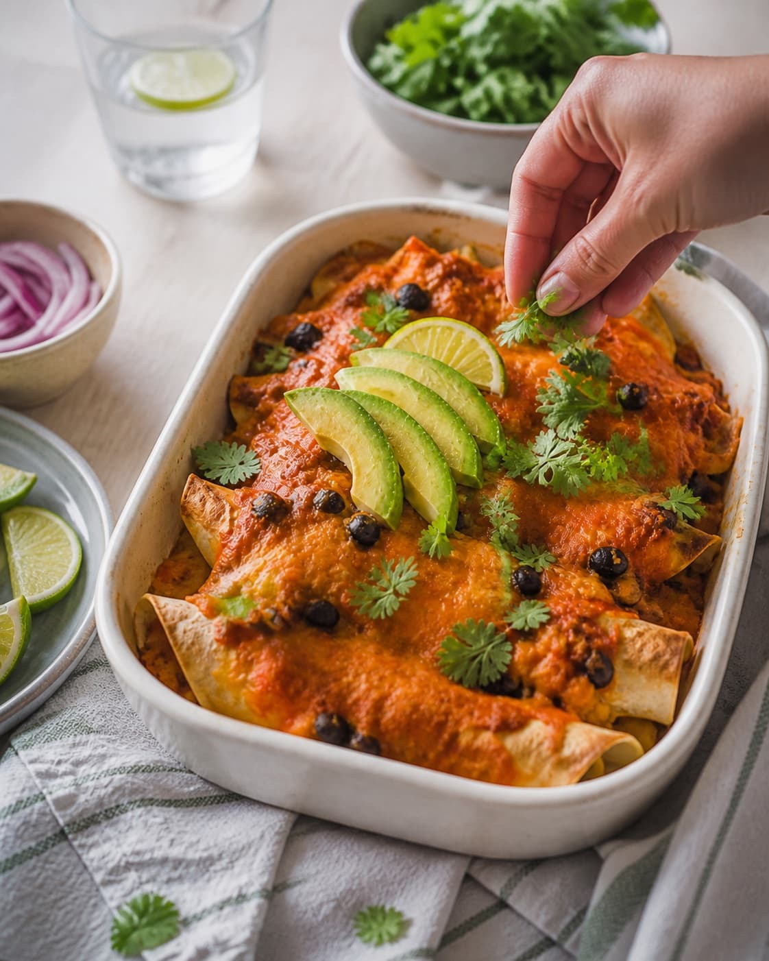 okseenchiladaerne hviler før lime, koriander og frisk salsa tilføjes under tilberedningen af okseenchiladas med sorte bønner og røget tomatsauce