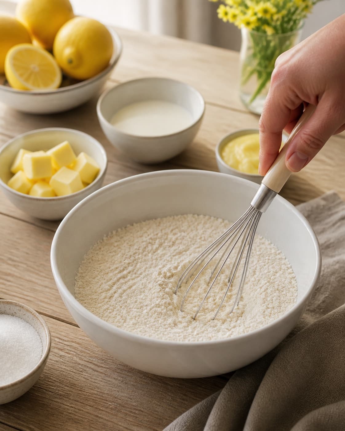 Afvejede råvarer til de engelske scones ligger adskilt i lyse skåle under tilberedningen af engelske scones med kærnemælk og citronskal
