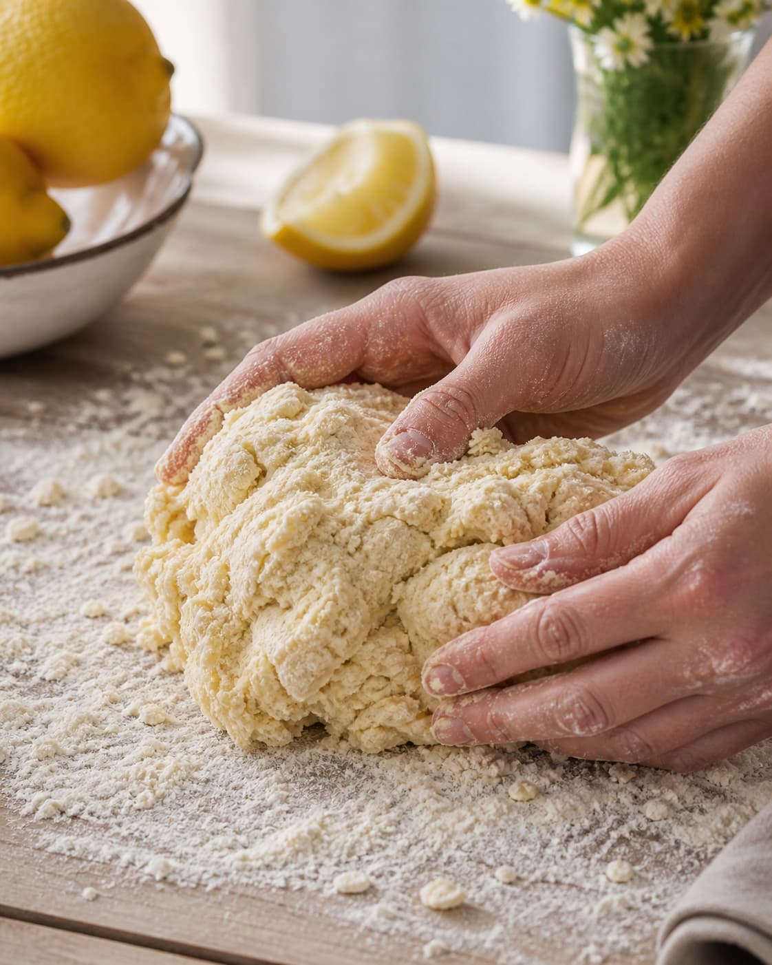 den kolde kærnemælksdej samles nænsomt til de engelske scones under tilberedningen af engelske scones med kærnemælk og citronskal