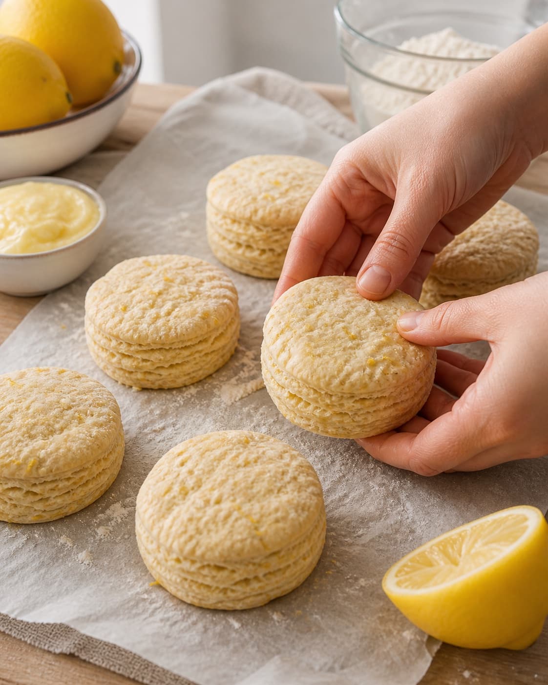 citronskal og luftige dejlag fordeles jævnt i den ubagte de engelske scones under tilberedningen af engelske scones med kærnemælk og citronskal