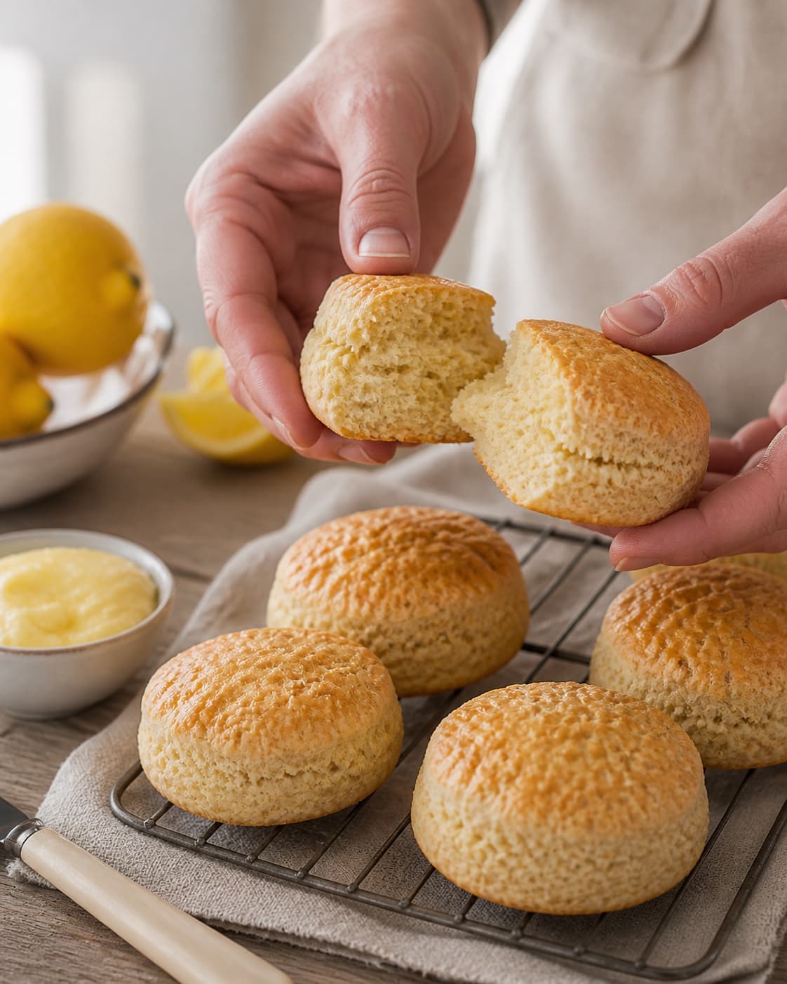 de engelske scones bager gylden med synligt fast centrum under tilberedningen af engelske scones med kærnemælk og citronskal