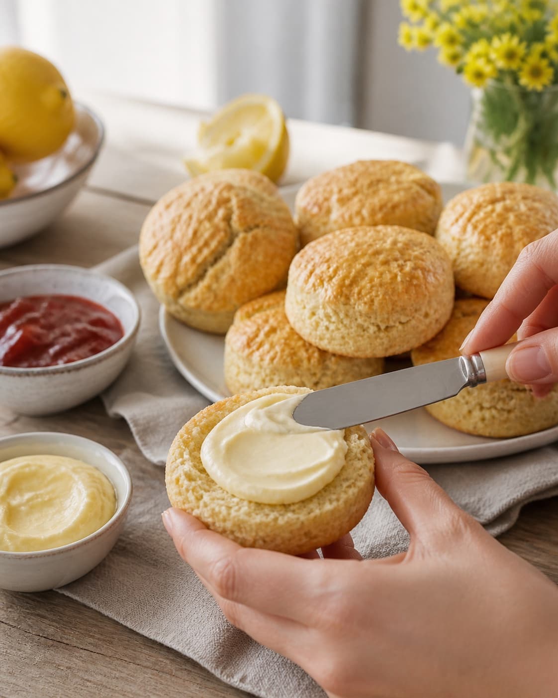de engelske scones hviler før jordbærsyltetøj og kold creme tilføjes under tilberedningen af engelske scones med kærnemælk og citronskal