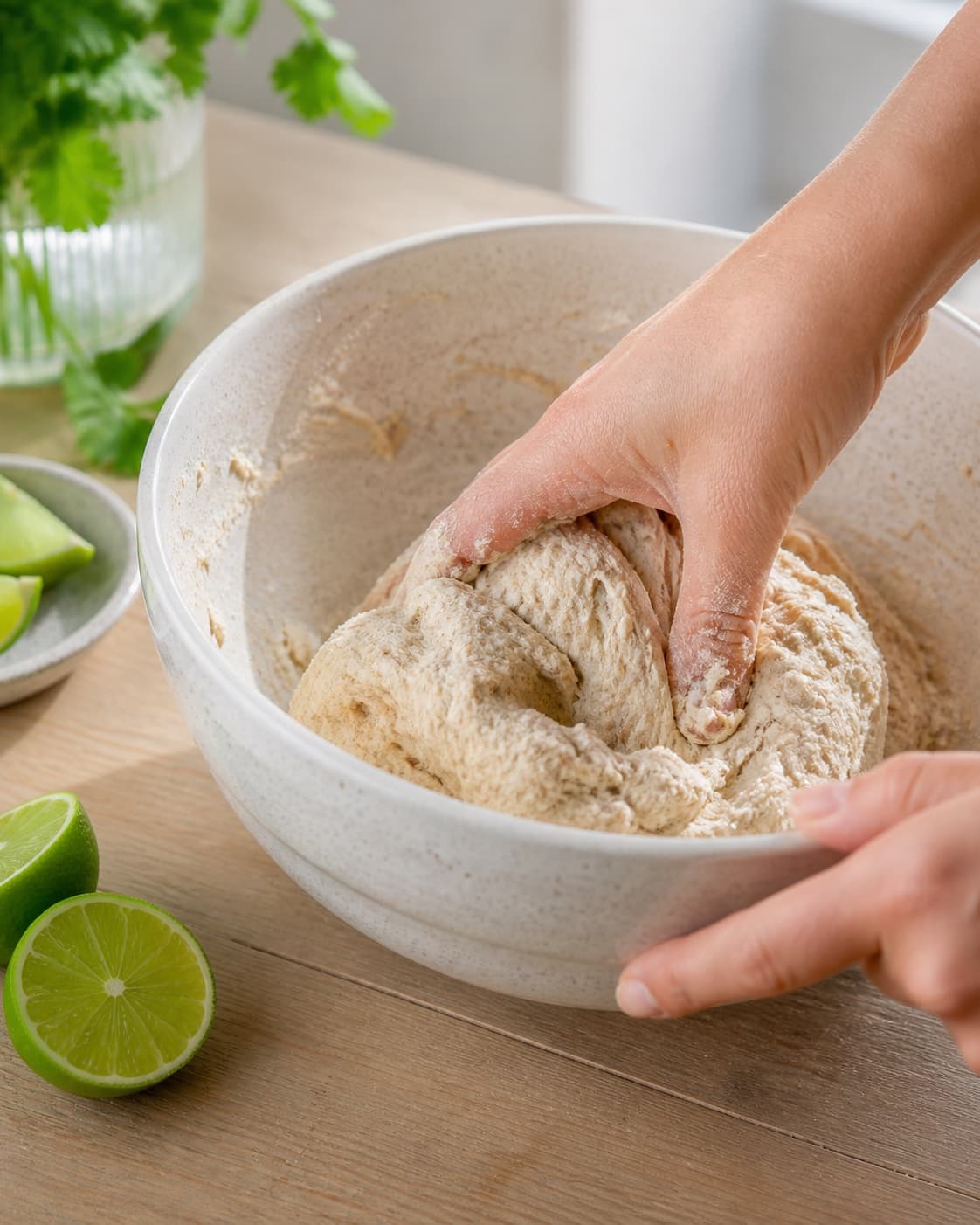 den bløde fuldkornsdej blandes til en blød dej til tortillapandekagerne under tilberedningen af hjemmelavede tortillas med fuldkorn og lime