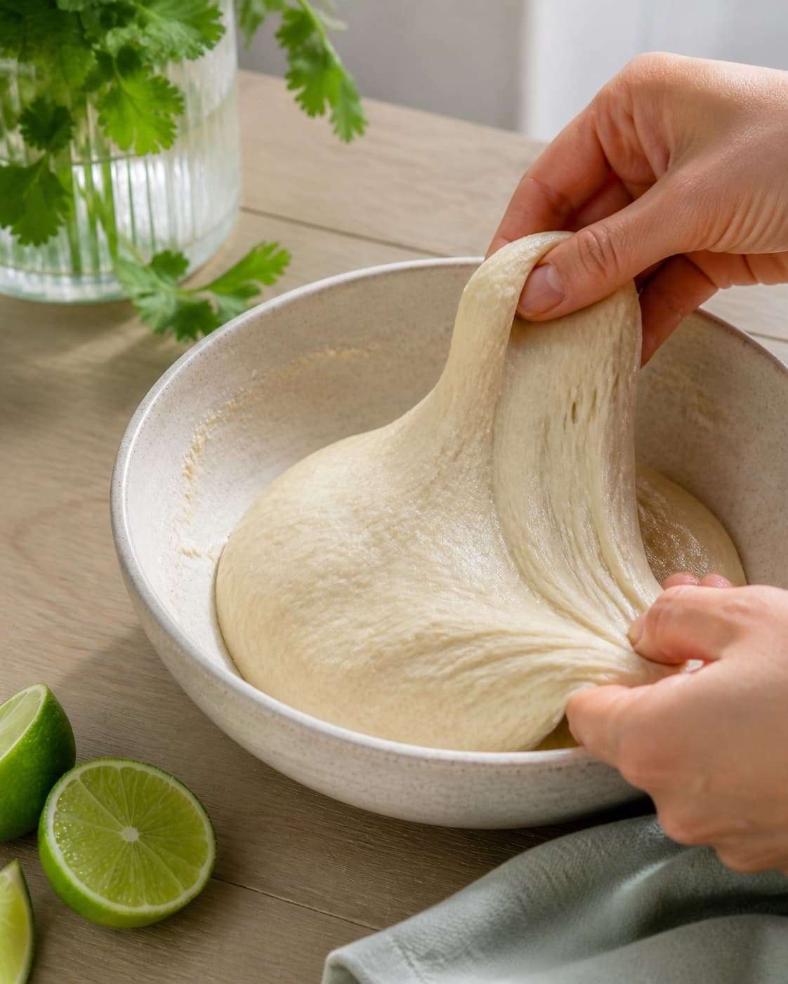 Dejen til tortillapandekagerne foldes elastisk i skålen under tilberedningen af hjemmelavede tortillas med fuldkorn og lime
