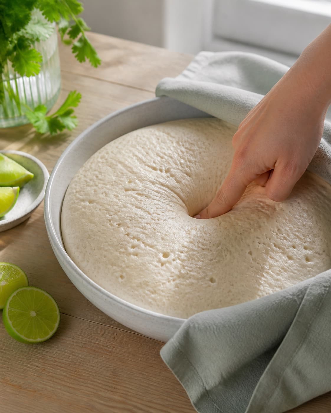 Hævet dej til tortillapandekagerne viser små luftbobler under tilberedningen af hjemmelavede tortillas med fuldkorn og lime