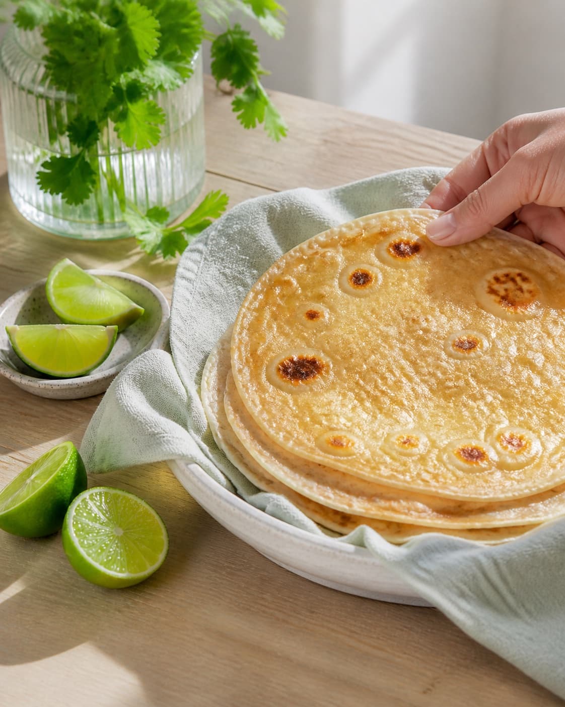 tortillapandekagerne afkøler med gylden tør skorpe under tilberedningen af hjemmelavede tortillas med fuldkorn og lime
