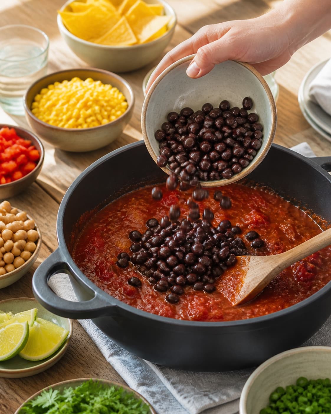 Råvarer til chili sin carne står klargjort ved gryden under tilberedningen af chili sin carne med kakao, sorte bønner og majs