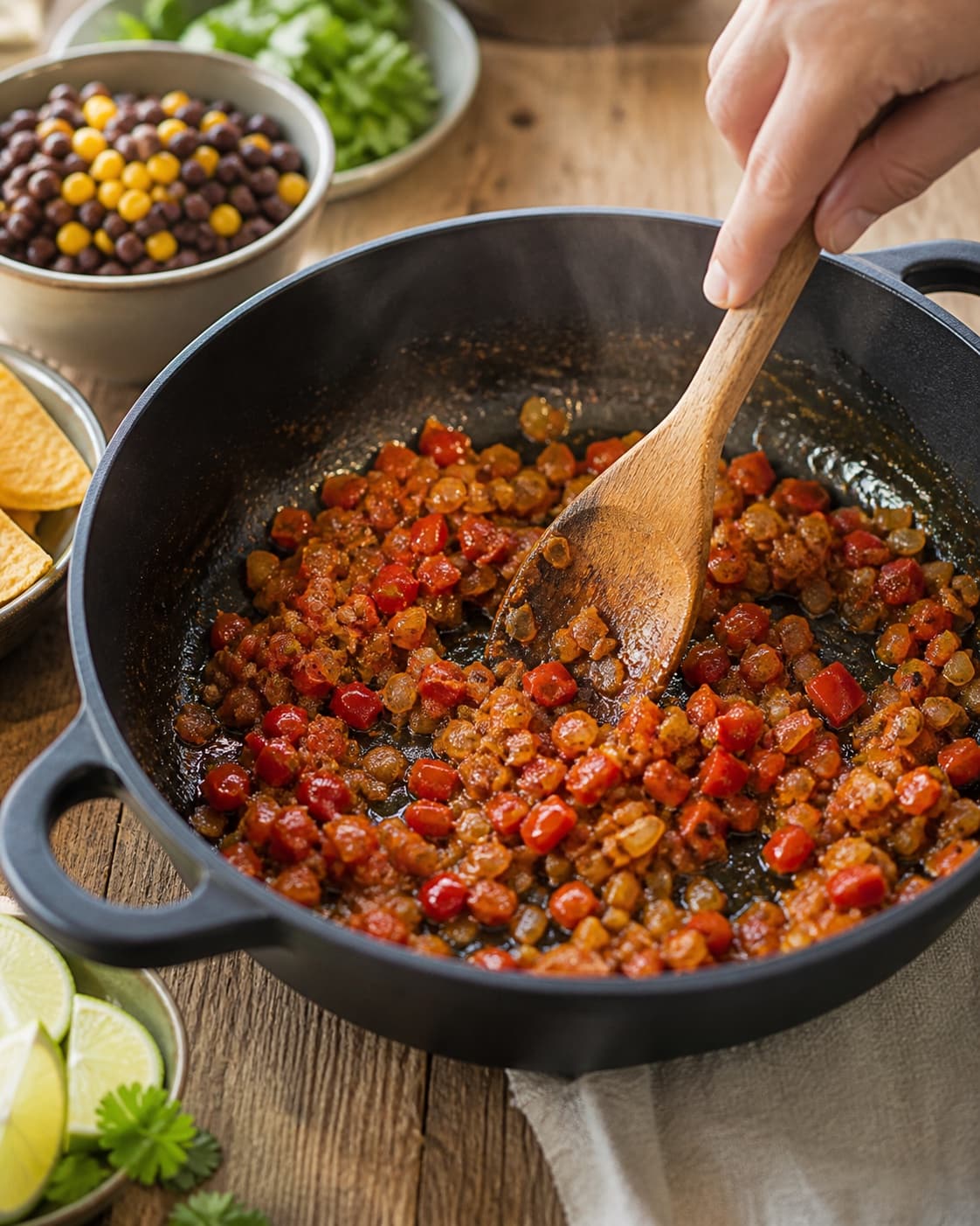 løg, peberfrugt og krydderier svedes blankt i en tykbundet gryde under tilberedningen af chili sin carne med kakao, sorte bønner og majs