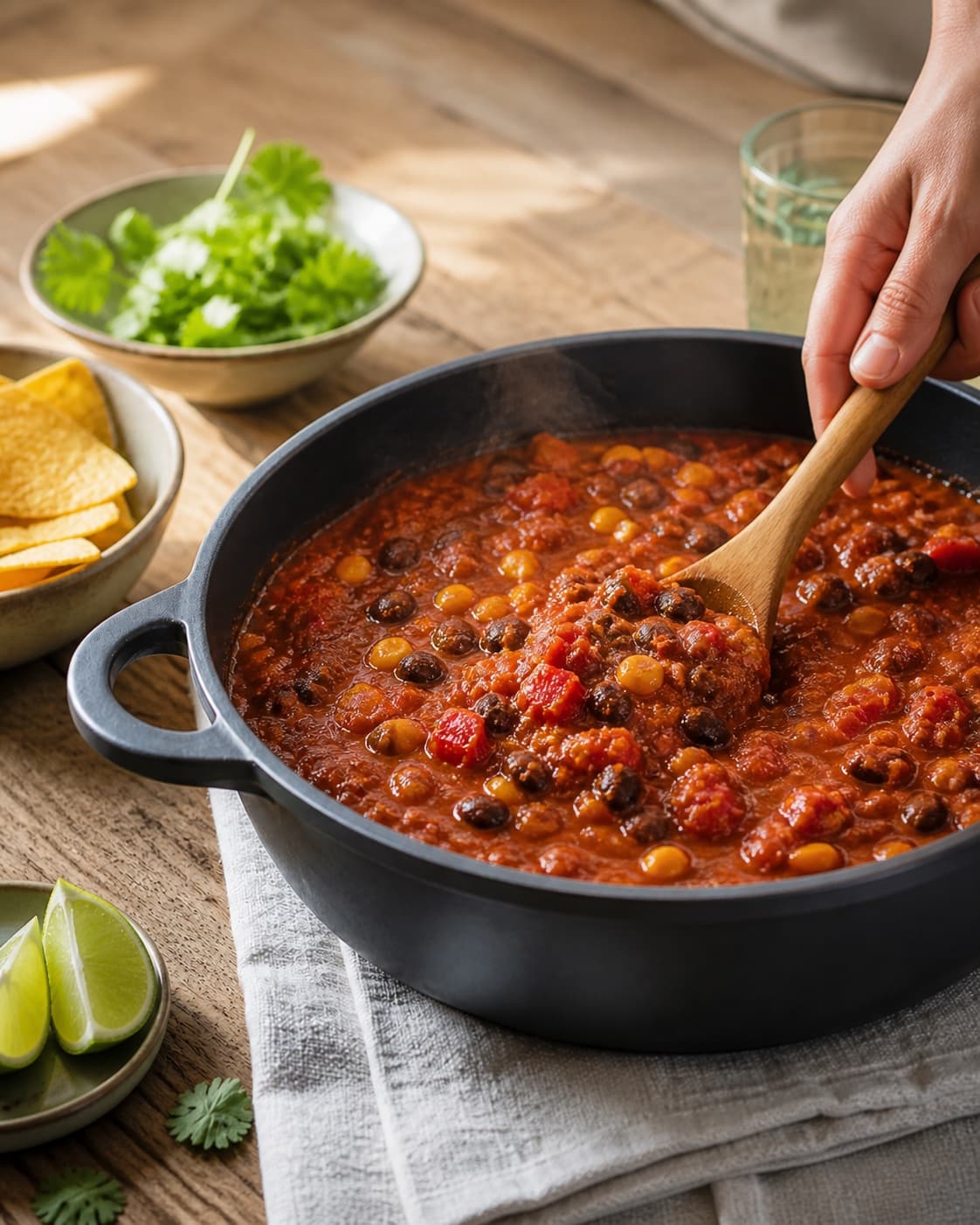 chili sin carne simrer roligt med små bobler under tilberedningen af chili sin carne med kakao, sorte bønner og majs