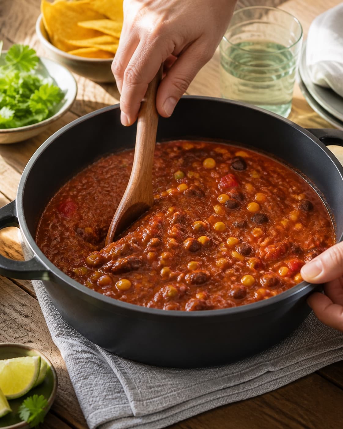 chili sin carne justeres til en blank sammenhængende konsistens under tilberedningen af chili sin carne med kakao, sorte bønner og majs