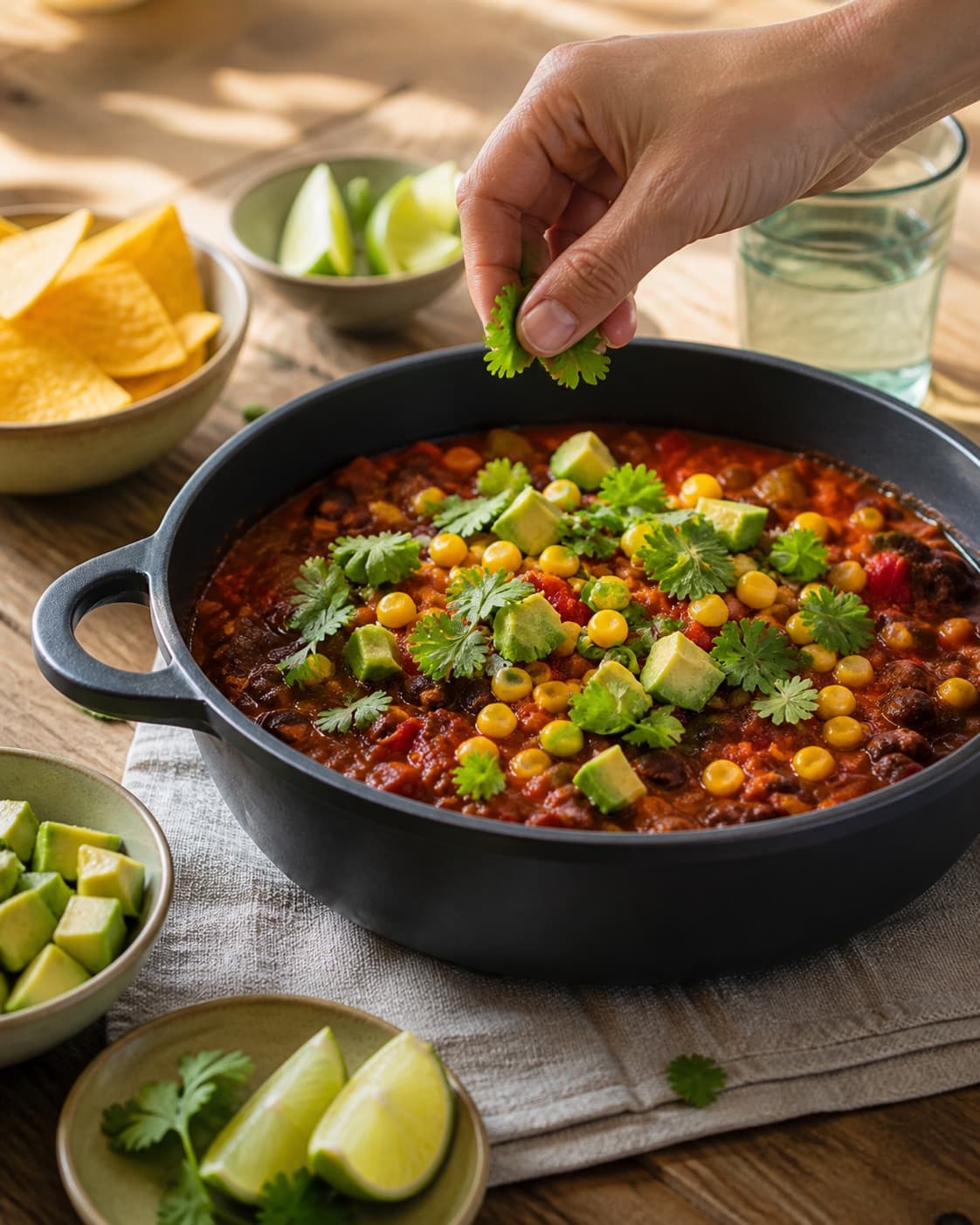 chili sin carne afsluttes med majs, lime, avocado og koriander under tilberedningen af chili sin carne med kakao, sorte bønner og majs
