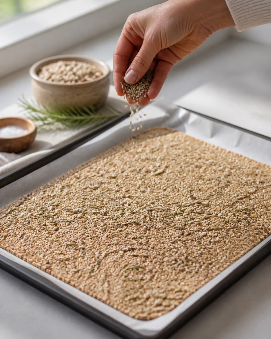 sesam, rosmarin og to slags kerner fordeles jævnt i den ubagte kerneknaekbrødet under tilberedningen af kerneknaekbrød med rug, sesam og rosmarin