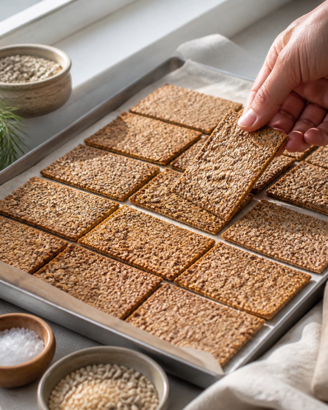 kerneknaekbrødet bager gylden med synligt fast centrum under tilberedningen af kerneknaekbrød med rug, sesam og rosmarin