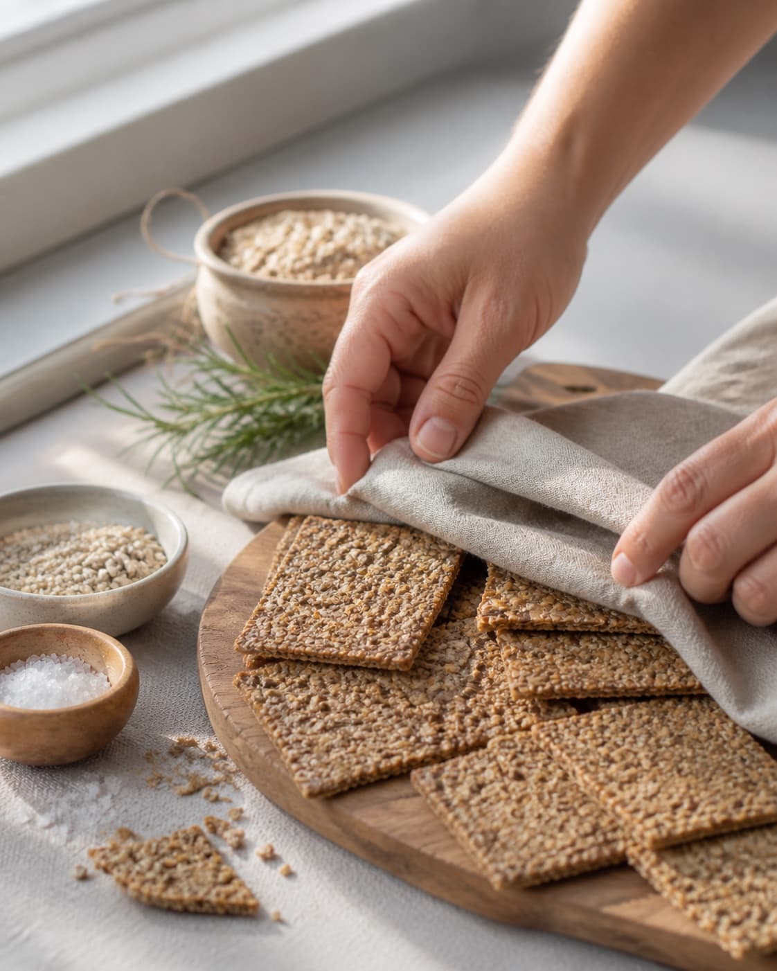 kerneknaekbrødet hviler før flagesalt og fuld tørring på rist tilføjes under tilberedningen af kerneknaekbrød med rug, sesam og rosmarin