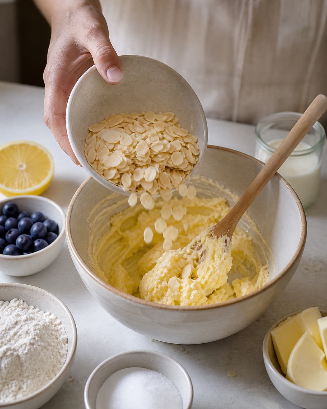 Afvejede råvarer til blåbærmazarinen ligger adskilt i lyse skåle under tilberedningen af blåbærmazarin med citron og mandelcrumble