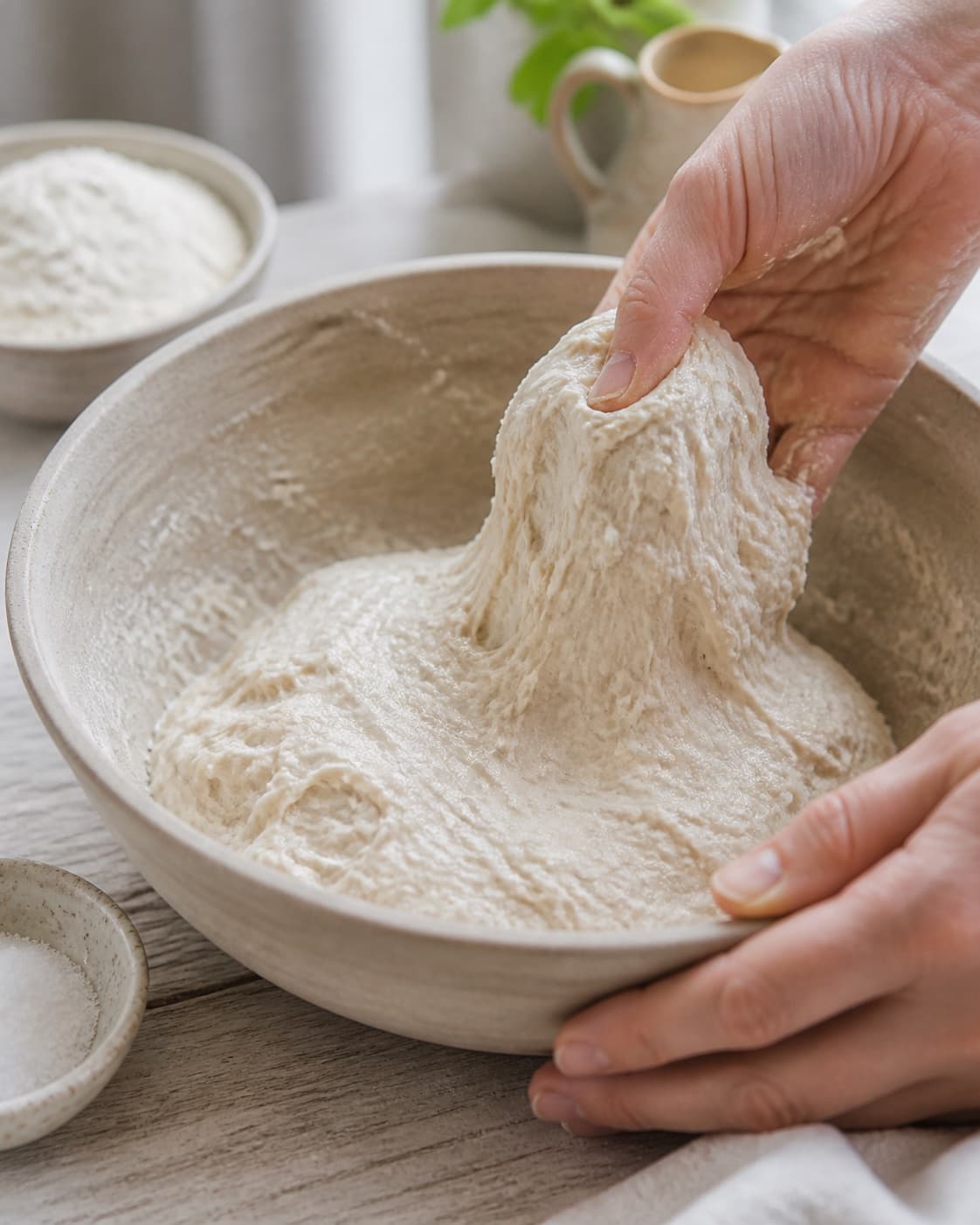 Close view of the moist dough for græske fladbrød being mixed in a bowl with hvedemel, lunkent vand, gær, fint salt under tilberedningen af græske fladbrød