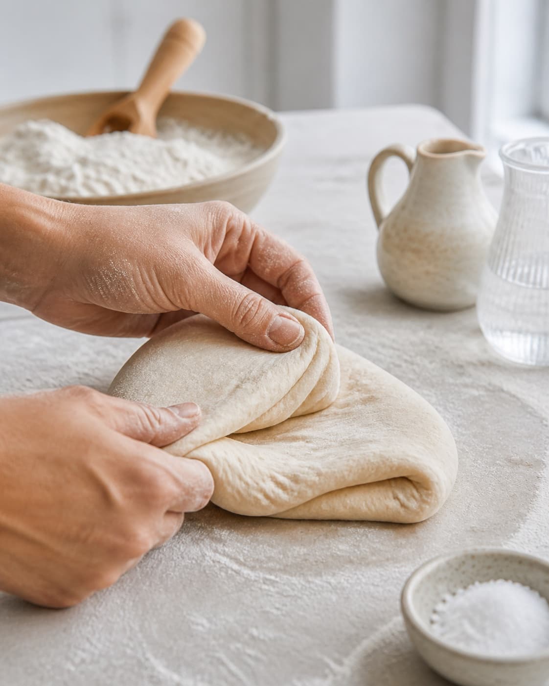 Hands gently folding elastic dough for græske fladbrød under tilberedningen af græske fladbrød