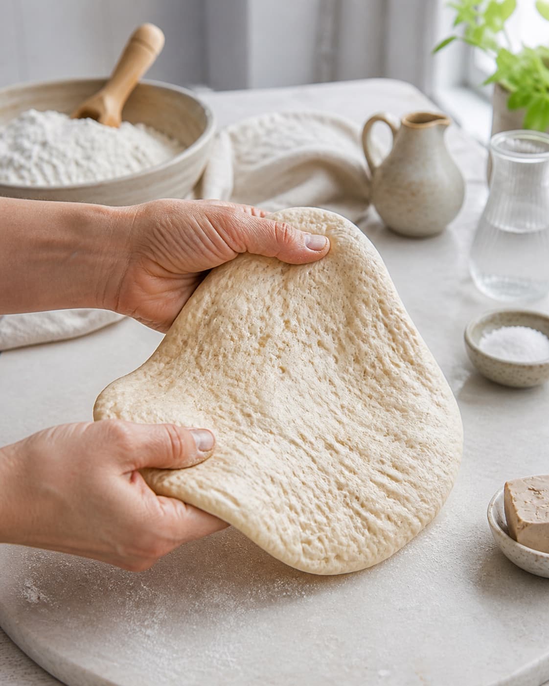 Proofed airy dough for græske fladbrød with visible fermentation bubbles under tilberedningen af græske fladbrød