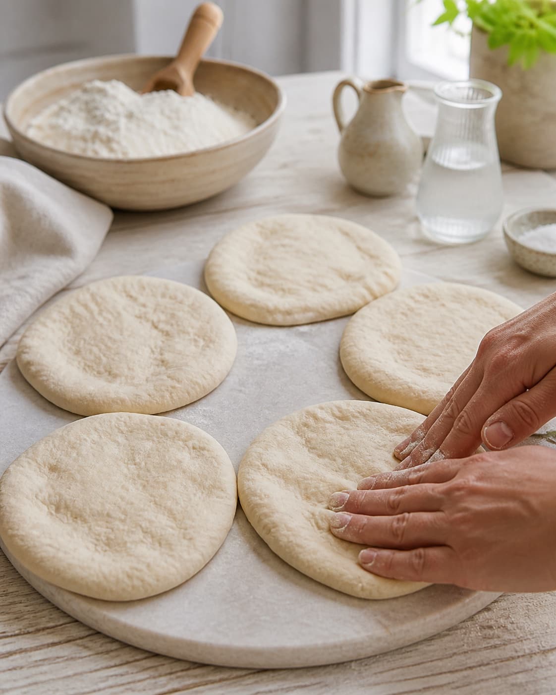 Even pieces of græske fladbrød being shaped before baking under tilberedningen af græske fladbrød